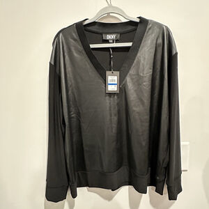 DKNY Black Faux Leather V-Neck Blouse
